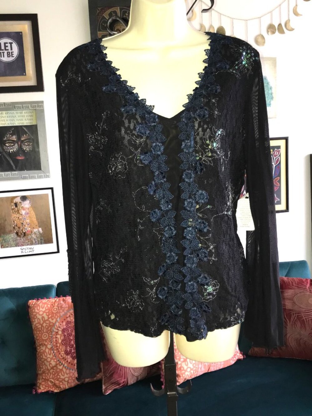 MECHANT size XL Sheer Black Mesh Lace & Sequins Embellished Bell Sleeve Top NWT